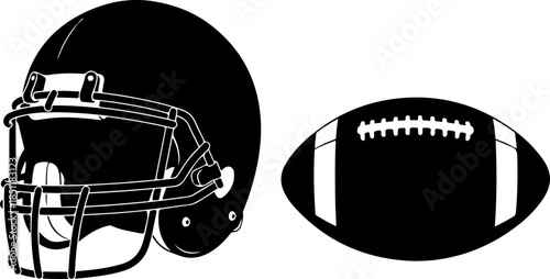 American Football Helmet and Ball Silhouette Icon Set