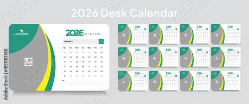 Customizable desk calendar 2026 template, corporate desk calendar schedule 2026 monthly 12-page planner layout, editable vector eps 10 file format