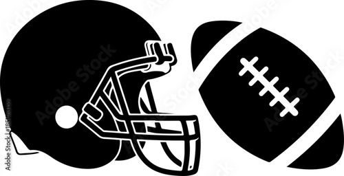 American Football Helmet and Ball Silhouette Icon Set