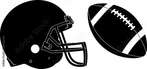 American Football Helmet and Ball Silhouette Icon Set