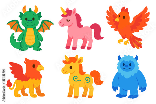 Cute fantasy creatures set: dragon, unicorn, and more in cartoony style