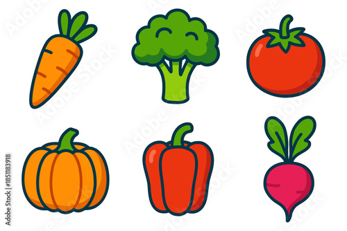 Colorful cartoon vegetables set with carrot, broccoli, tomato, pumpkin, pepper, beet