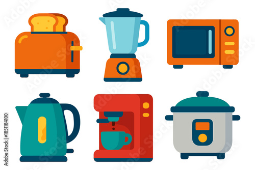 Modern flat design kitchen appliances set with toaster, blender, and more