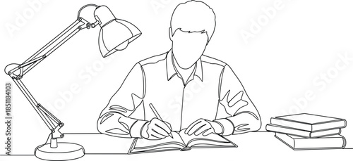Minimal line art illustration of student studying at desk with books lamp education concept focused learning home study workspace academic reading writing sketch design