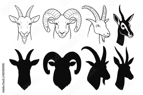 Animal head silhouettes and line art: goats, rams, antelopes