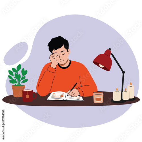 An illustration of a man with black hair, wearing an orange sweater, writing in an open notebook with a pen