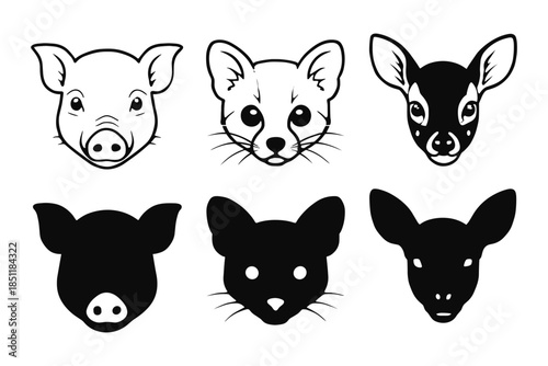 Animal head icons set: pig, cat, deer in outline and silhouette styles