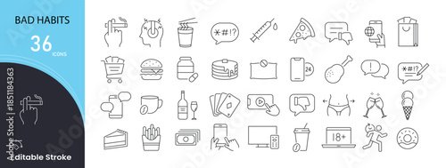 Bad habits icons set. Includes icons for unhealthy routines, smoking, drinking, procrastination, junk food, laziness, negative behaviors, addiction, and habits to avoid.