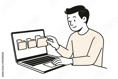 Linear design of person organizing digital files on laptop with folder icons