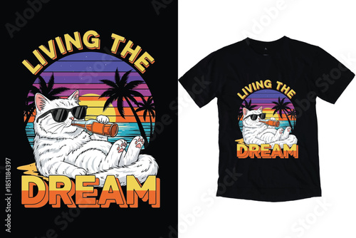Retro Vaporwave Beach Cat - "Living The Dream" Graphic Tee