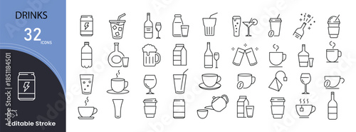 Drinks icons set. Includes icons for beverages, hot and cold drinks, juice, tea, coffee, and refreshment items. Perfect for menus, cafes, and food-related visual. outline icons.