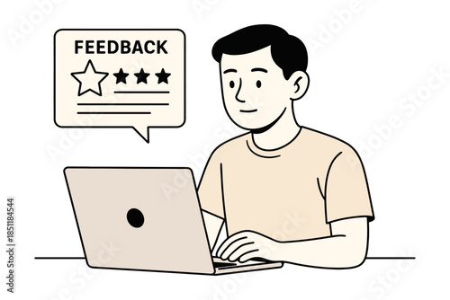 Customer satisfaction survey: man giving feedback on laptop with rating feature