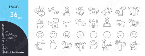 Emoji icons set. Includes icons for emotions, reactions, expressions, moods, and feelings for digital communication. Ideal for chats, messaging apps, and social media visuals. Editable stroke.