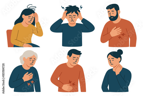 Diverse expressions of discomfort and pain in flat style illustrations