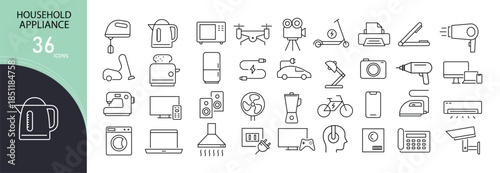 Household appliance icons set. Includes icons for home electronics, kitchen appliances, cleaning and daily household equipment. Ideal for home service apps and lifestyle visuals. Editable stroke. 
