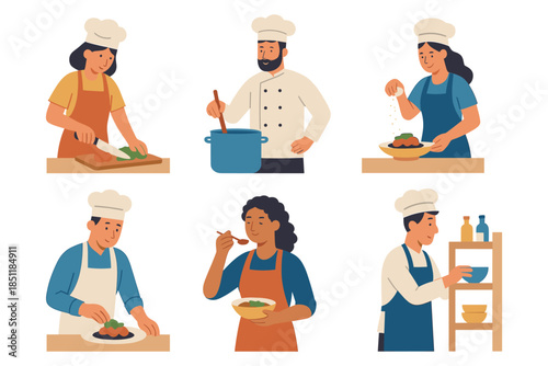 Chefs cooking: diverse culinary team preparing dishes in flat style