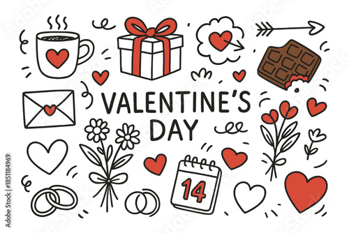 Charming valentine's day doodles with hearts, flowers, and gifts in hand-drawn style