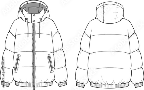 Technical puffer jacket flat sketch front back view winter hooded outerwear fashion design blueprint illustration apparel template insulated clothing vector drawing production reference mockup