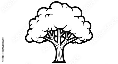 Stylized black and white tree design with cloudy foliage in bold outline