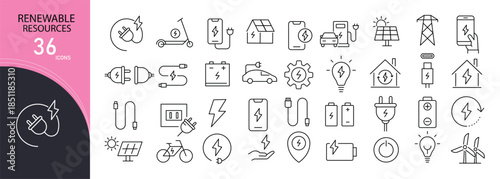 Renewable resources icons set. Includes icons for solar, wind, water and  natural energy,  Ideal for green energy projects and environmental awareness visuals. Editable stroke. Outline icons.