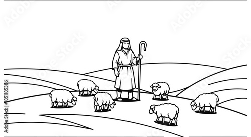Shepherd standing in pastoral landscape with sheep in simple line drawing