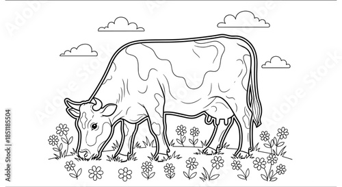 Black and white cow grazing in floral field with clouds