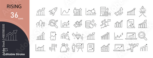 Rising icons set. Includes icons for growth, success, progress, upward trends, achievement, and positive performance . Ideal for finance, business reports, and success visuals. Editable stroke.