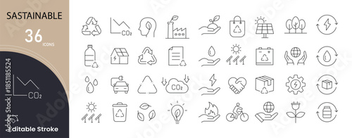 Sustainability icons set. Includes icons for eco-friendly practices, green energy, and sustainable living concepts. Ideal for environmental projects and education, . Editable stroke. Outline icons.