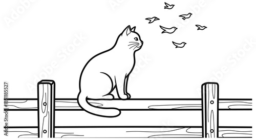 Cat sitting on fence watching birds in minimalist black and white design