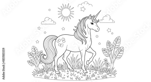 Mystical unicorn coloring page with nature elements for kids and adults