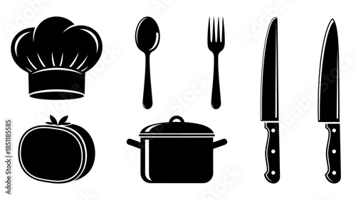 Collection of Kitchen Utensils and Chef Hat Icon Set.