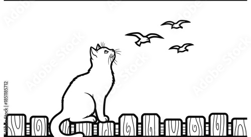 Silhouette cat watching birds on fence: peaceful line art scene