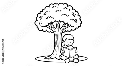 Child reading under tree in simple black and white cartoon style