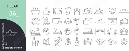 Relax icons set. Includes icons for rest, calm, peace, meditation, comfort and stress relief. Perfect for wellness apps, lifestyle content, and mental health visuals. Editable stroke.