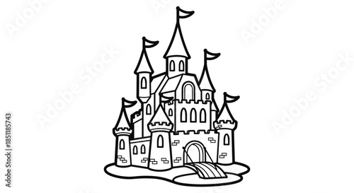 Fairy tale castle outline with flags and towers