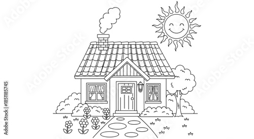 Charming cottage with smiling sun and garden in black and white line art
