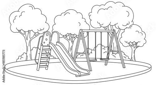 Playground with slide and swing in park setting - black and white outline