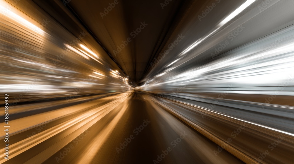 Speeding through illuminated tunnel with motion blur lights, and futuristic travel.