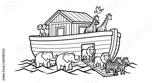 Noah's ark with animals in black and white outline style