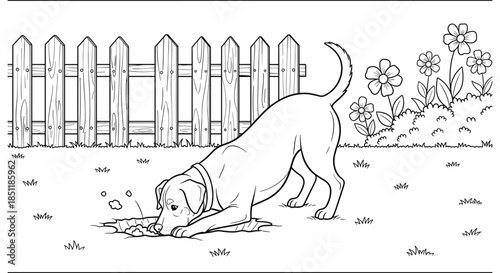 Curious dog sniffing ground in backyard garden with flowers and fence outline art