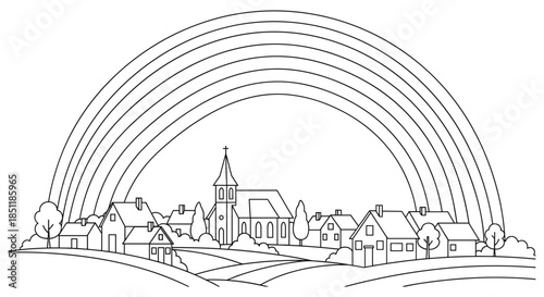Charming line art of a village landscape with rainbow