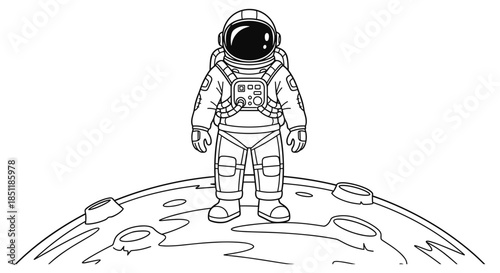 Astronaut standing on lunar surface in linear style black and white