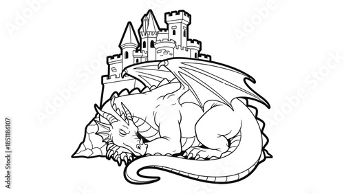 Sleeping dragon in front of medieval castle outline art