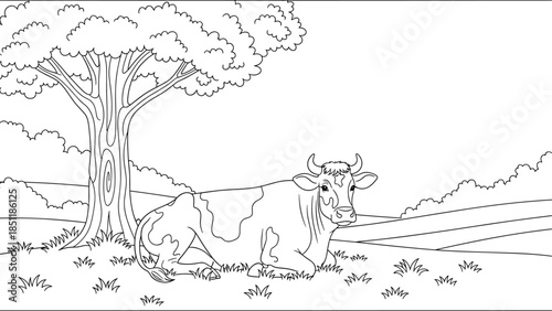 Black and white cow in pastoral landscape with tree and rolling hills