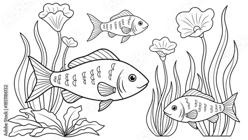Black and white fish in underwater scene with flowers and plants for coloring activities
