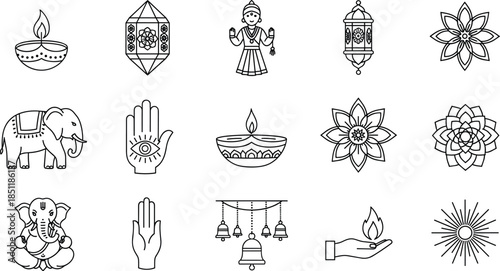 Indian Diwali festival line icon set with Ganesha elephant diya oil lamp lotus flower hamsa hand mandala and decorative hanging bells