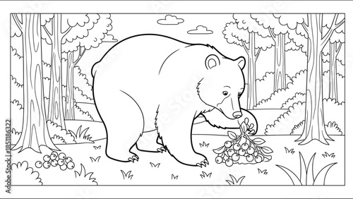 Bear discovering berries in forest landscape coloring page for kids