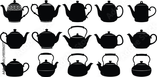 Black Teapot and Kettle Silhouettes Set with Various Traditional and Modern Kitchenware Shapes Isolated on White Background for Tea Design