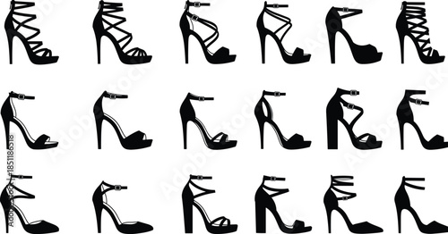 Black Womens High Heel Sandal Silhouettes Set with Various Strappy Fashion Shoes and Stiletto Heels Isolated on White Background for Design