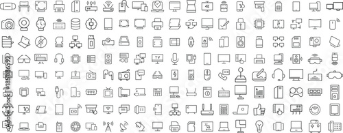 Devices set of web icons in line style. Electronic devices and gadgets icons for web and mobile app. Smart devices, technology, computer monitor, smartphone, tablet, laptop, drone. Vector illustration
